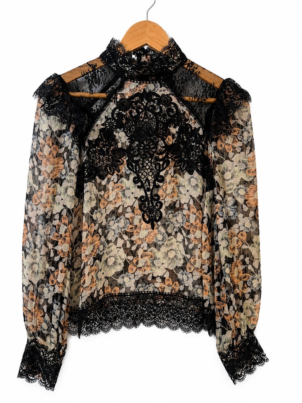 The Kooples Black Lace-Trim Sheer Floral Blouse with Peach and Cream Flowers